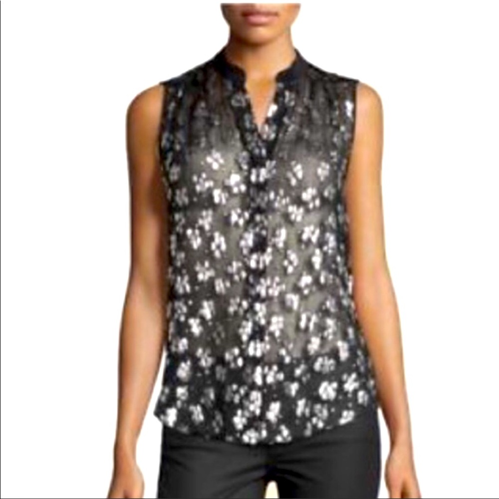 •REBECCA TAYLOR• Black Sheer Metallic Silver Top